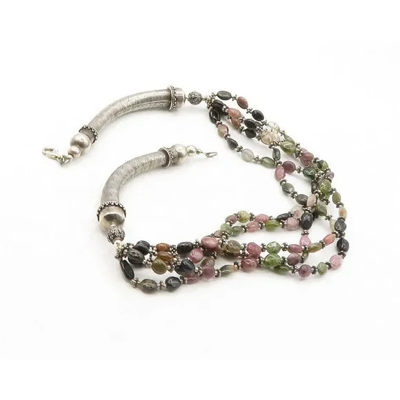 925 Silver Vintage Black Onyx Quartz & Amethyst Beaded Chain Necklace NE2262